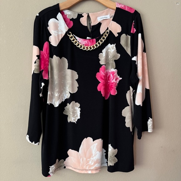 NWT Calvin Klein Large Floral Printed Blouse With Gold Chain Necklace Size 1X - Picture 1 of 8